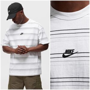 NIKE Men's L Center Swoosh Striped Embroidered Logo Short Sleeve Shirt White